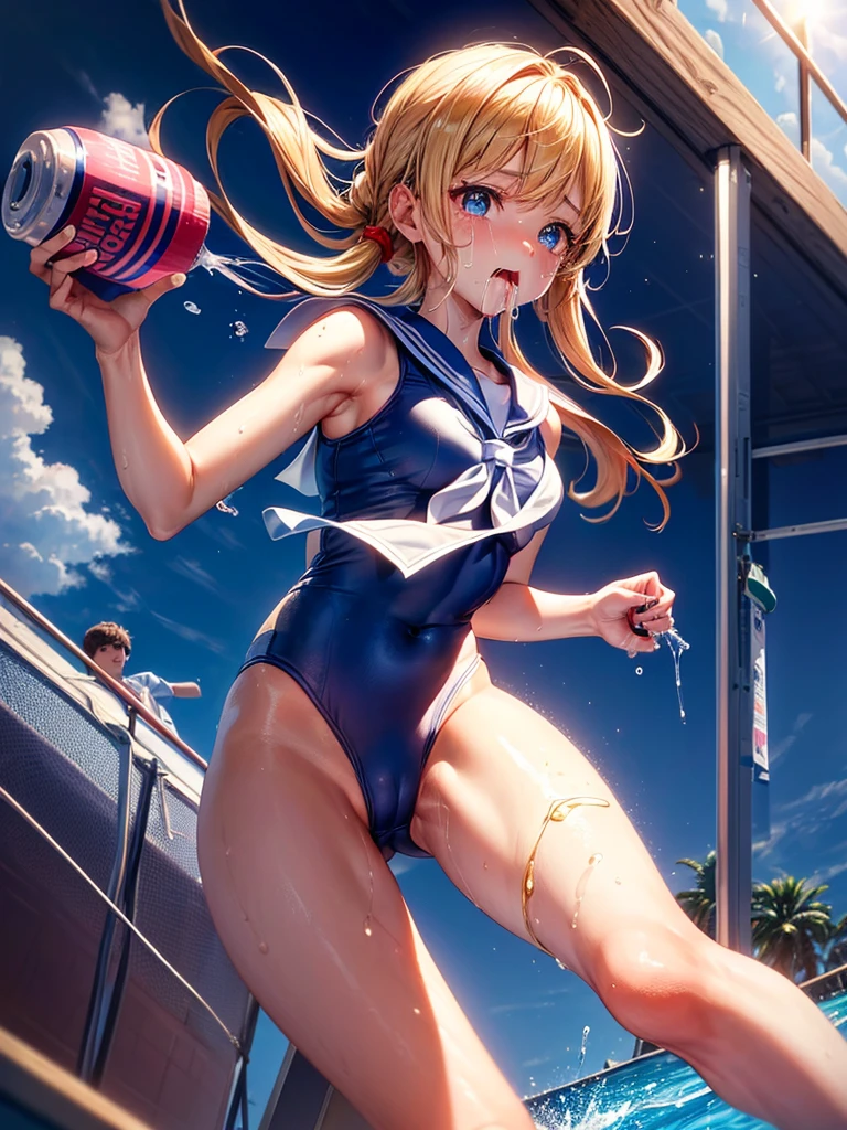 Highest quality,Highest Resolution,Sailor leotard(((２people)))A beautiful girl with a crying face,High leg,(((Ｔback))),Very beautiful eyes,Competition Pool,(((Drink a sports drink))),(((Open your mouth and drool))),sunny,blue sky,sweat profusely,Red tie,whole body,