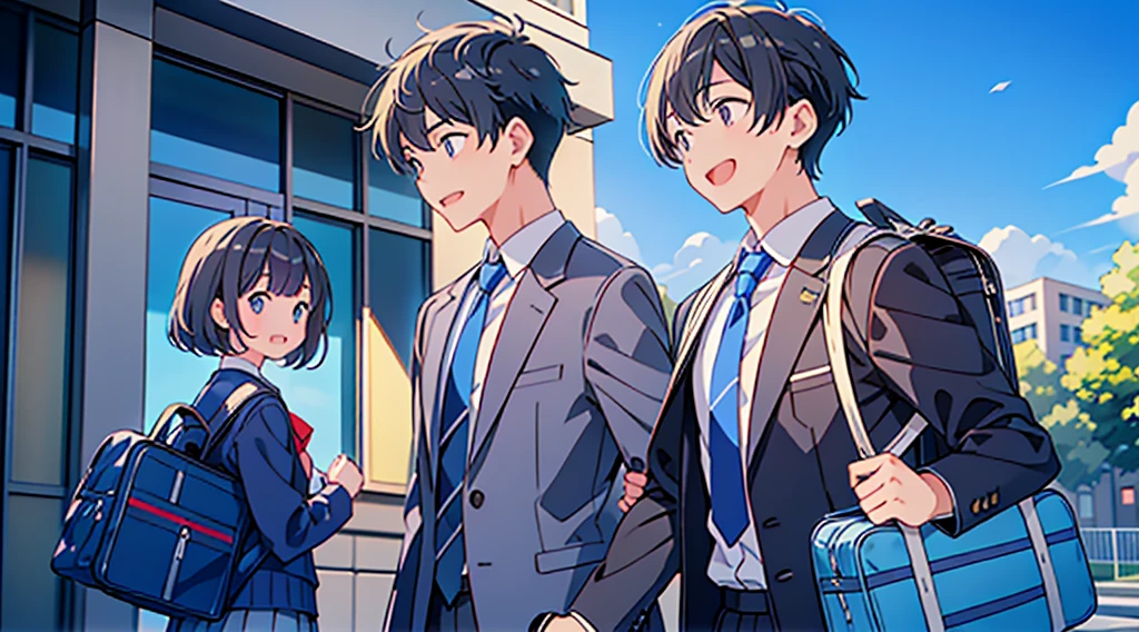 Highest quality, Ultra-high resolution, masterpiece, 8K quality,My son, a  high schoolnt, wears a navy blue blazer for his uniform.、Blue tie、Navy blue school bag、A mother seeing her son off to junior high school、 Laughing happily. There is a building in the background, Flat school building, Warm Spring.