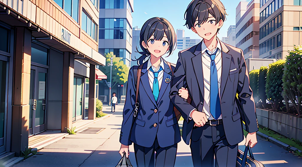 Highest quality, Ultra-high resolution, masterpiece, 8K quality,My son, a junior high school student, wears a navy blue blazer for his uniform.、Blue tie、Navy blue school bag、A mother seeing her son off to junior high school、 Laughing happily. There is a building in the background, Flat school building, Warm Spring.