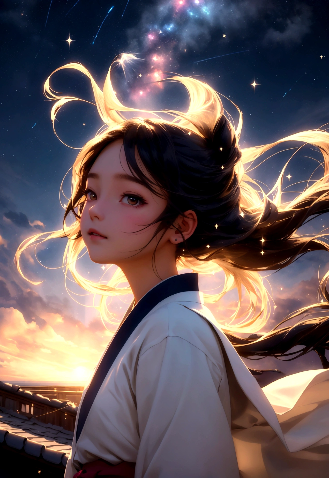 masterpiece, best quality, dynamic fantasy portrait illustration of a Modern Girl in a Japanese school outfit standing on the school roof looking up at the starry sky, swaying hair in the wind, Skirt swaying in the wind, shirt lightly swaying with the wind, floating hair, lace trim, warm soft lighting, slight smile, sunset, cloudy sky, (light particles:1.1), volumetric lighting, sparkle, sparkling, star, glittering, expressive, iridescent