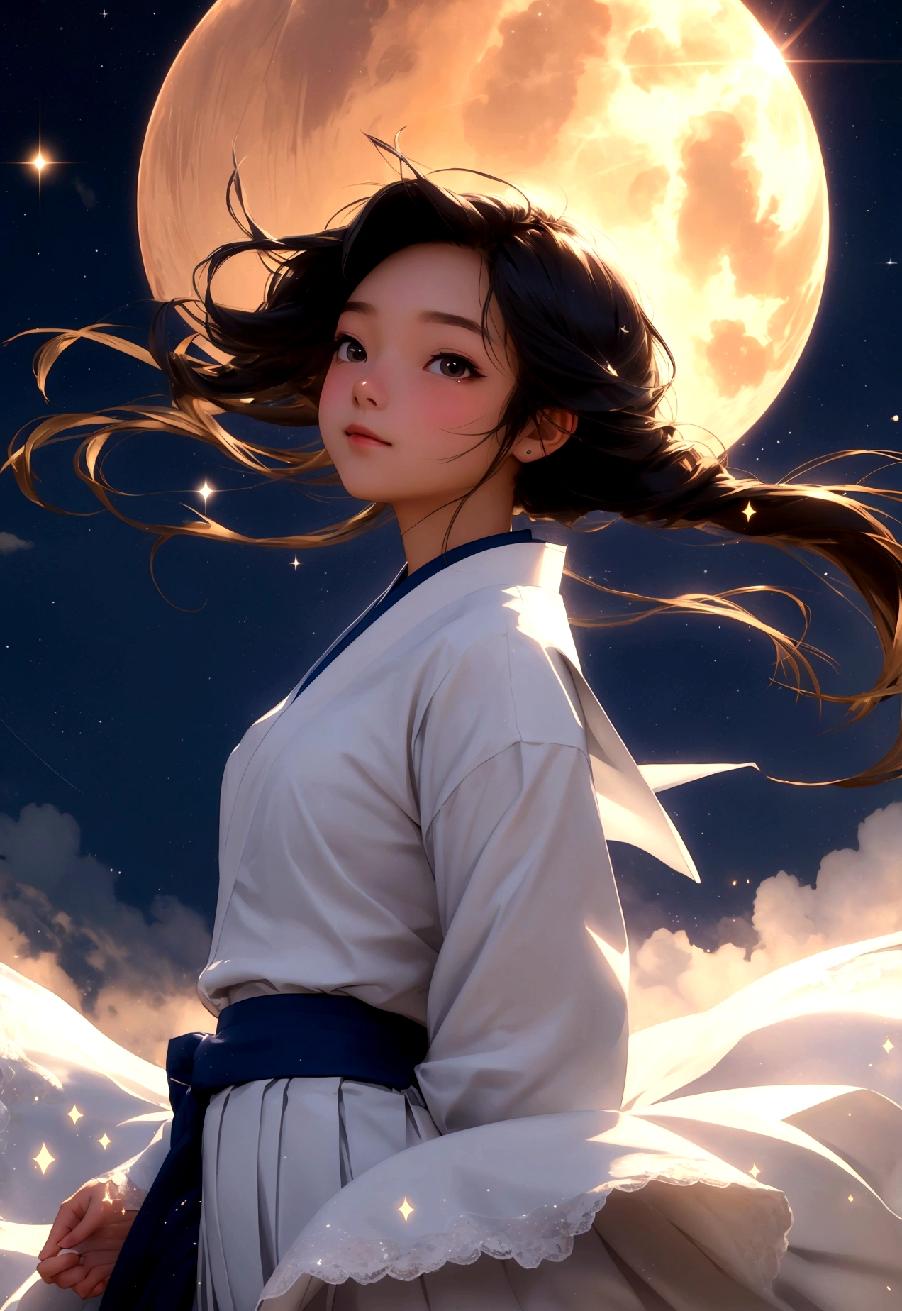 masterpiece, best quality, dynamic fantasy portrait illustration of a Modern Girl in a Japanese school outfit standing on the school roof looking up at the starry sky, swaying hair in the wind, Skirt swaying in the wind, shirt lightly swaying with the wind, floating hair, lace trim, warm soft lighting, slight smile, sunset, cloudy sky, (light particles:1.1), volumetric lighting, sparkle, sparkling, star, glittering, expressive, iridescent