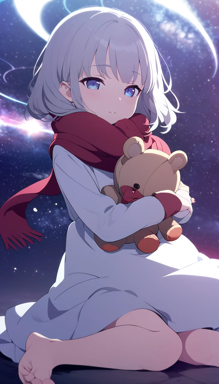 (((masterpiece))), (((best quality))),(((high detail))),light manipulation, girl with long silver hair, gradient purple to sky blue eyes, wearing a white dress, a red scarf, ((())), (((child))) , galaxy background, holding a teddy bear, feet, no footwear