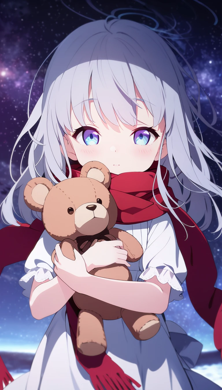 (((masterpiece))), (((best quality))),(((high detail))),light manipulation, girl with long silver hair, gradient purple to sky blue eyes, wearing a white dress, a red scarf, (((loli))), (((child))) , galaxy background, holding a teddy bear, feet, no footwear