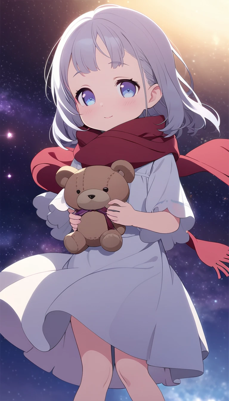 (((masterpiece))), (((best quality))),(((high detail))),light manipulation, girl with long silver hair, gradient purple to sky blue eyes, wearing a white dress, a red scarf, (((loli))), (((child))) , galaxy background, holding a teddy bear, feet, no footwear