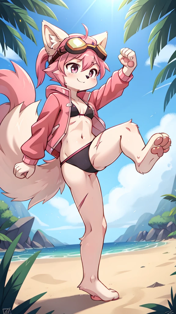 Kimiko Five-Tails, furry female anthro, fox girl, white body fur, pink hair, ((goggles, pink jacket, open clothes, black bikini)), small breasts, detailed body fur, detailed body, detailed face, detailed eyes, glistering body, shiny body, skinny, :3, multiple tails, multi tail, solo, body fur, (best quality), cinematic lighting, anime style, short ponytail, scar on the eye, 2D, beach, clear sky, full body, feets with three toes, 3 toes, fight stance, high kick, pawpads, barefoot, feet focus,