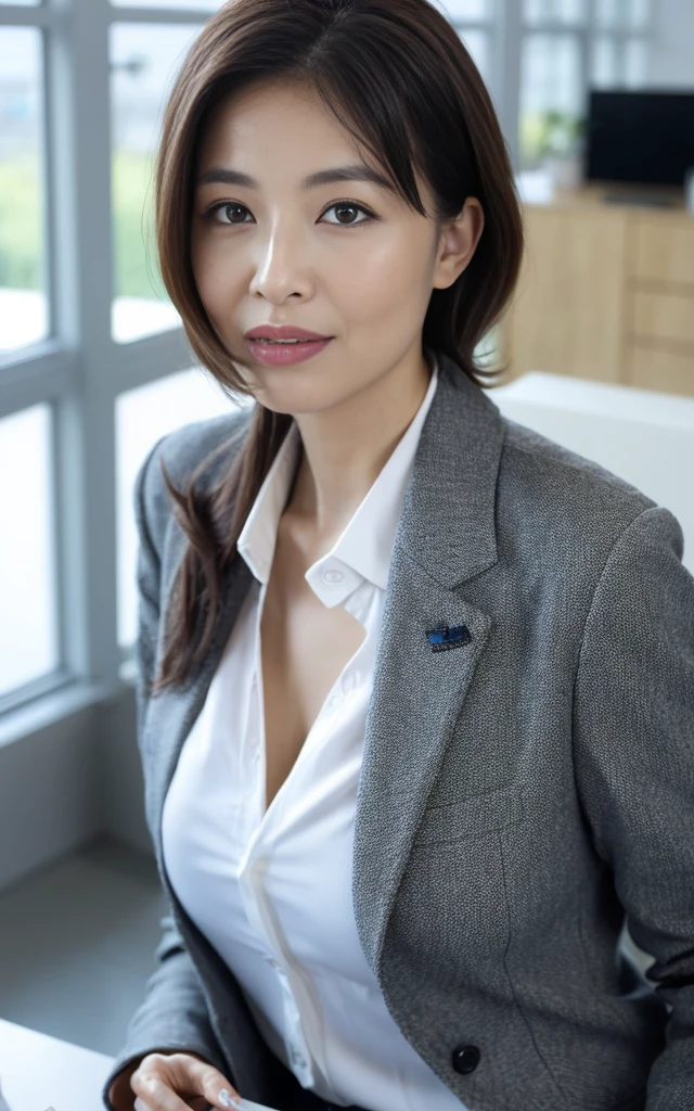 ((Best Quality, 8k, Masterpiece, close up: 1.3)), (looking at viewer),Photorealistic, Sharp Focus, glare, beautiful Japan Office Lady, gray blazer, white shirt, Clothes with big Cleavage View, 35 Years Old, Wavy Hair, ((double eyelid, eyelash, lip gloss)), (Wrinkles at the Corners of the Eyes:0.6), (pubichair:1.5), (open mouth:0.7), (smile:0.5), ((open mouth:1)), Darkness Nobody Office Room,