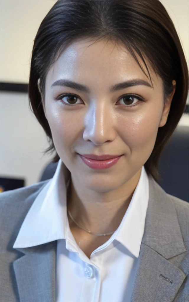 ((Best Quality, 8k, Masterpiece, close up: 1.3)), (looking at viewer),Photorealistic, Sharp Focus, glare, beautiful Japan Office Lady, gray blazer, white shirt, Clothes with big Cleavage View, 35 Years Old, Wavy Hair, ((double eyelid, eyelash, lip gloss)), (Wrinkles at the Corners of the Eyes:0.6), (pubichair:1.5), (open mouth:0.7), (smile:0.5), ((open mouth:1)), Darkness Nobody Office Room,