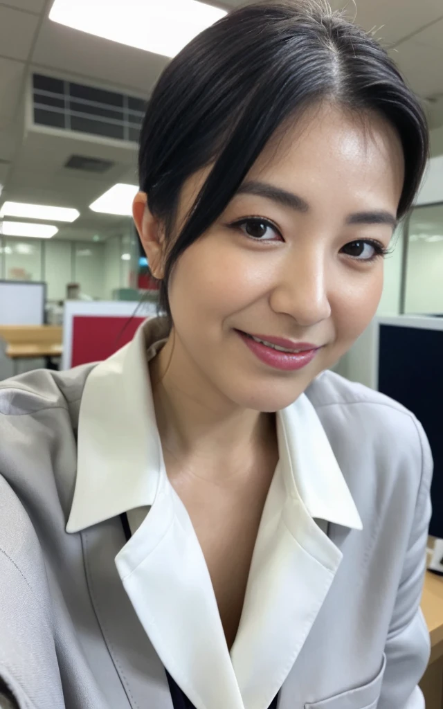 ((Best Quality, 8k, Masterpiece, close up: 1.3)), (looking at viewer),Photorealistic, Sharp Focus, glare, beautiful Japan Office Lady, gray blazer, white shirt, Clothes with big Cleavage View, 35 Years Old, Wavy Hair, ((double eyelid, eyelash, lip gloss)), (Wrinkles at the Corners of the Eyes:0.6), (pubichair:1.5), (open mouth:0.7), (smile:0.5), ((open mouth:1)), Darkness Nobody Office Room,