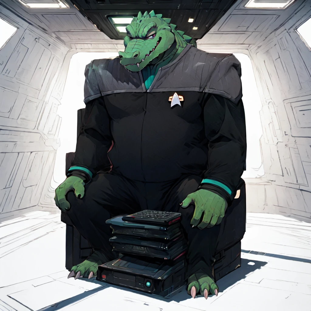 (((Barefoot scaley character, full body, cinematic setting, furry male, plantigrade))) 
Doctor (((kingkrool))), crocodile, green skin, reptile, gold bracelets, scales, bloodshot eye, fat, obese,
exudes confidence and authority, wears star trek DS9 doctor teal uniform, ((ds9st, black and grey star trek uniform, grey shoulders, teal neck, black jumpsuit, black pants)) dynamic pose, holding medical tricorder,
((starship interior with many screens and consoles)), futuristic look, metalic, bright colors
BREAK, intricate details, highly detailed, extreme detail, octane render, fine art, best quality, highres, (detailed face:1.5), ((full_body)), UHD, (((perfect hands))), ((low light:1.5))