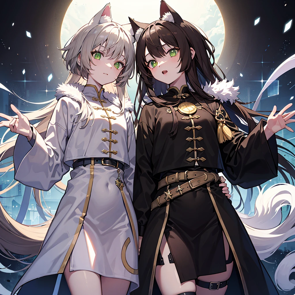 Long, bushy, light brown hair with a gray tint。Coldly。Round and flat face。Large, round, yellow-green eyes。Large pupils。Small, flat nose。Small round cat ears。Small and stocky build。The limbs are short and sturdy.。Cold-resistant。fluffy fur。sensitive。Black Costume　Belt on torso　Gothic one_cat_girl