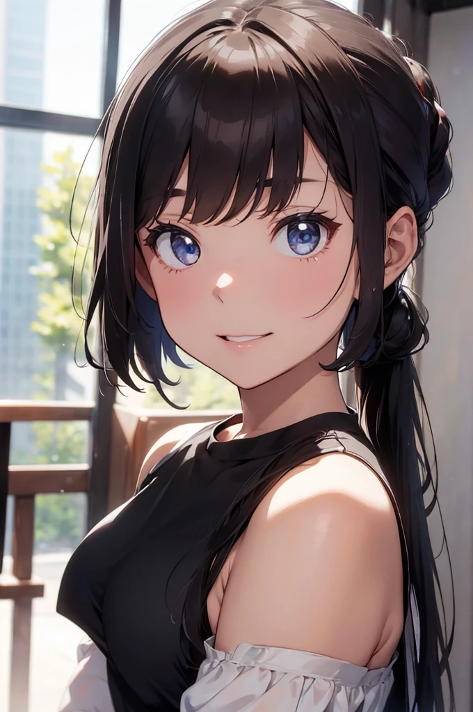 (best quality), (masterpiece), (high resolution), (intricate details:0.2),(professional lighting), room, detailed background, over sized black t shirt, off shoulder, (previous view), 1girl, solo, (beautiful face:1.40), slim body, fine skin, smile, long ponytail brown hair, sky blue eyes, (Medium beasts:1.10), see at viewer,