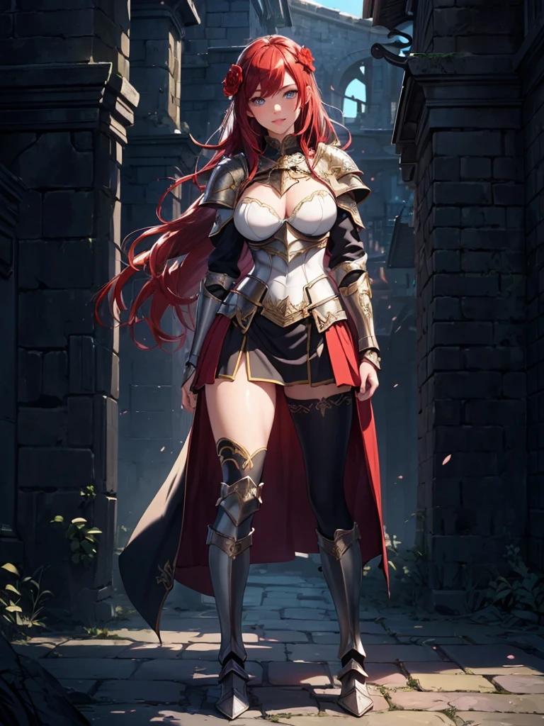 ((1girl, solo)), beautiful body, (perfect ???????, perfect body, perfect hands, perfect legs), (five fingers:1.5), natural proportions, sexy body, large breasts, cowboy shot BREAK
((extremely detailed face)), (beautiful detailed eyes:1.6), (realistic pupils, realistic iris:1), expressive eyes, looking at viewer, (clear eyes:1.3), (hyperrealistic:1.2), (detailed skin texture:1.2), smooth skin, (red hair:1.5), golden eyes, long hair, waist-length wavy hair, bangs, hair between eyes, hair partially tied into a bun, hair ornaments, ((hair flower)), golden rose hair ornaments, ((mature female)), (detailed lips:1.2), (attractive lips:1.1), (glossy lips:1.1), (smile), perfect face, perfect eyes BREAK
female knight, long sleeves, (fantasy armor:1.5), cleavage, (breastplate:1.3), (shoulder armor:1.2), (arm guard:1.3), armor gloves, (micro mini skirt:1.5), zettai ryouiki, thighs, thighhighs, (greaves:1.3), armored boots, belt BREAK
(outdoors:1.5), (day:1.3), nature, trees, (shade of trees:1.2), medieval, (fantasy setting:1.5) BREAK
(masterpiece:1.5), anime-style, top quality, best quality, (beautiful and aesthetic:1.2), (ultra detail:1.5), Ultra-detailed depiction, Ultra-precise depiction, extremely detailed 8k illustration, high resolution, (highly detailed shading:1.2), (realistic lighting:1.4), perfect lighting, vibrant colors, dynamic tones, striking hues, 8k, absurd resolution, perfect shadows, hdr, UHD, ambient lighting, realistic, ultra-realistic, photo realistic, highly detailed, rich detail, luminous colors, fine texture, intricate design, professional illustration, (soft light:1.2), (illustration:0.7)