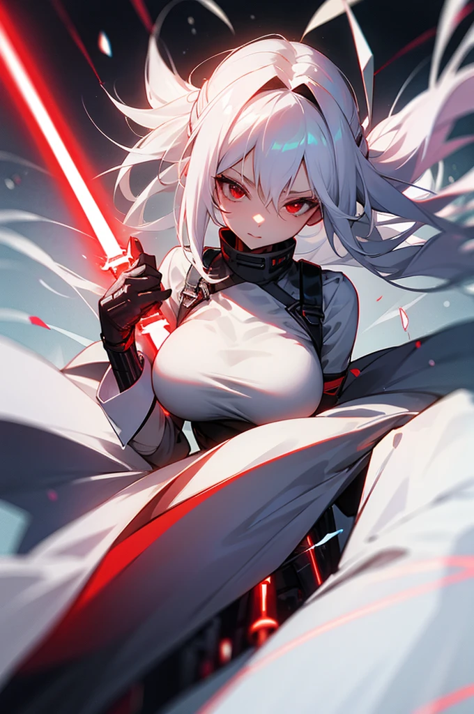 Woman long white hair red eyes big breast lightsaber