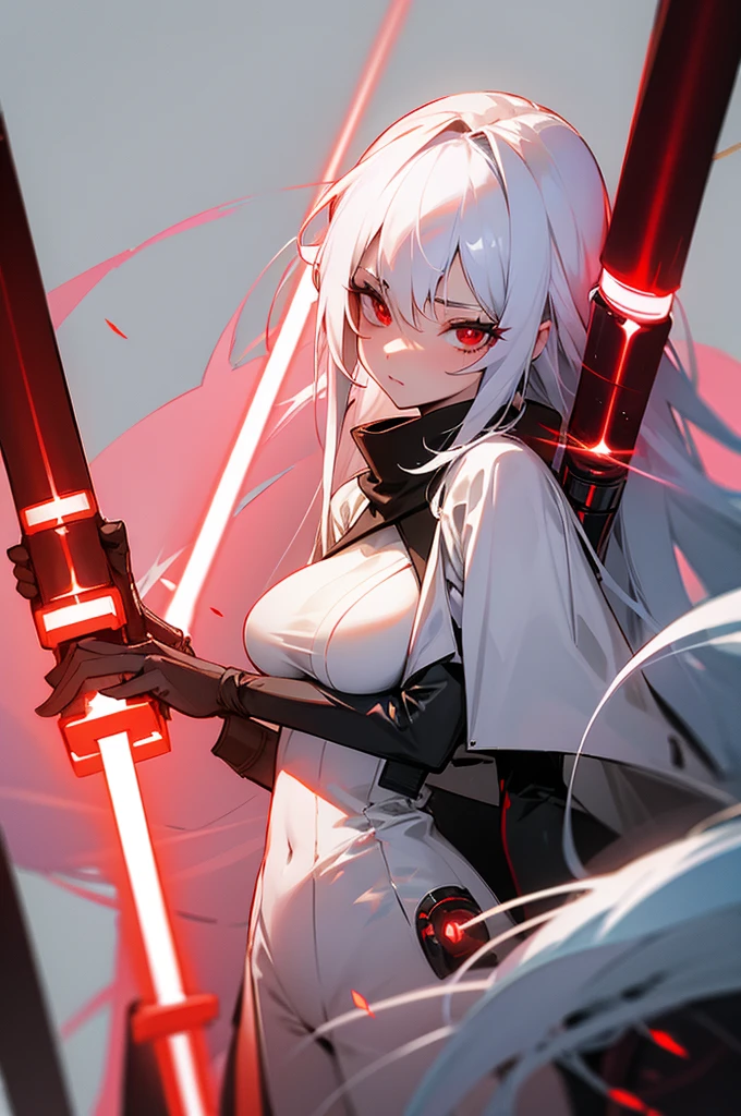 Woman long white hair red eyes big breast lightsaber