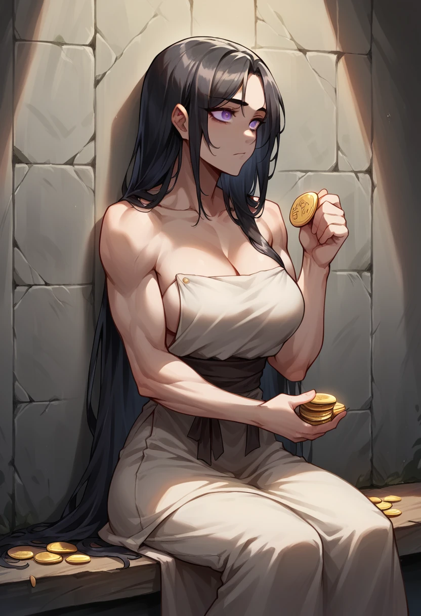 shoulder lenght black hair, straight hair, purple eyes, fit body, round breasts, wearing rags, beggar woman, slums, sitting against wall, holding empty cup for coins