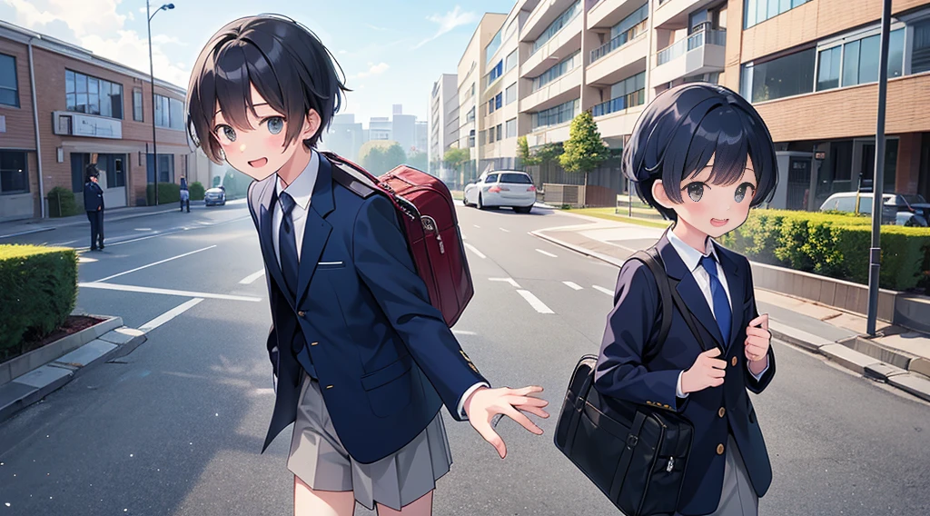 Highest quality, Ultra-high resolution, masterpiece, 8K quality,My son, a junior high school student, wears a navy blue blazer for his uniform.、Blue tie、Navy blue school bag、A mother seeing her son off to junior high school、 Laughing happily. There is a building in the background, Flat school building, Warm Spring.
