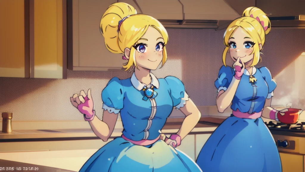 (masterpiece, best quality:1.2), cowboy shot, solo, 1girl, piper, smile, looking at viewer, (hand on own cheek:1.2), blonde hair, ponytail, blue dress, puffy short sleeves, fingerless gloves, kitchen