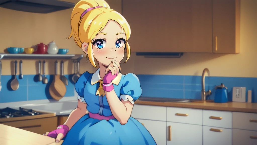 (masterpiece, best quality:1.2), cowboy shot, solo, 1girl, piper, smile, looking at viewer, (hand on own cheek:1.2), blonde hair, ponytail, blue dress, puffy short sleeves, fingerless gloves, kitchen