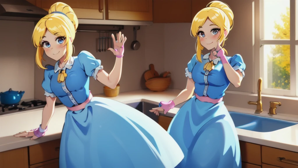 (masterpiece, best quality:1.2), cowboy shot, solo, 1girl, piper, smile, looking at viewer, (hand on own cheek:1.2), blonde hair, ponytail, blue dress, puffy short sleeves, fingerless gloves, kitchen