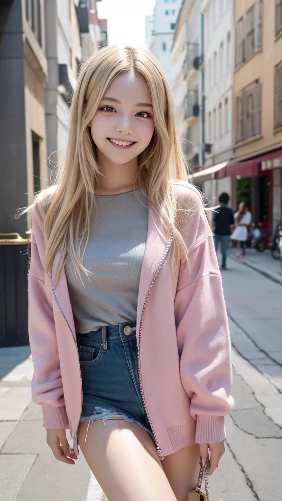 18-year-old、Tabletop, Highest quality, shape, Very detailed, In detail, High resolution, 8k wallpaper, Perfect dynamic composition, Beautiful details, Super long hair、smile、Blonde Hair、Pink inner color hair、Street Snap、Silver Eyes、Beautiful feet、Various clothes