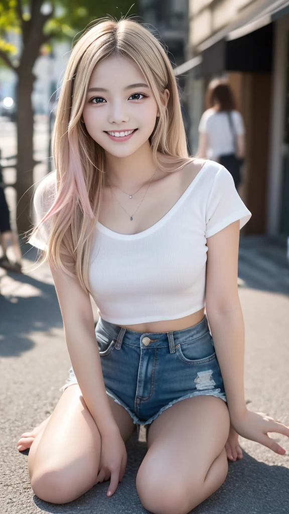 18-year-old、Tabletop, Highest quality, shape, Very detailed, In detail, High resolution, 8k wallpaper, Perfect dynamic composition, Beautiful details, Super long hair、smile、Blonde Hair、Pink inner color hair、Street Snap、Silver Eyes、Beautiful feet、Various clothes