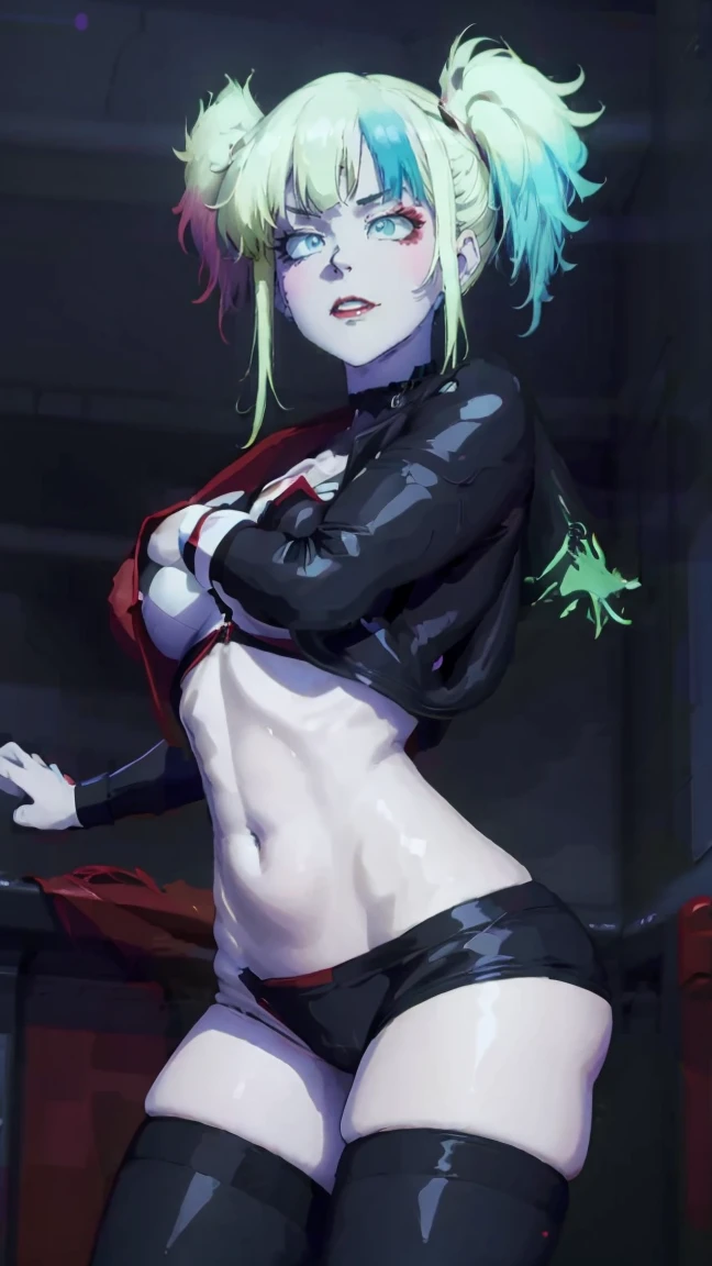 masterpiece, Portrait of a girl, emphasis on the face, Best quality, Super detailed, illustration, beautiful detailed eyes, full length, ((distant view, wide angle 1.31)), On the outside, young woman, Harley Quinn, intricate design, complex shaped lace tights, two hair tails (blue and red tail), sexual, Face to face, split, full length (full body 1.1.), very feminine, fighting stance, (masterpiece), magic photography, Spectacular lighting, Photorealism, ultra detailed, intimate portrait composition, 1. 4,8 k UHD, aesthetic, Cd., A high resolution, 8 k, better lighting, Best shade, Ultra-HD, A high resolution, sharp focus, Complex background, Cinematic lighting, ((Landscape view)), 4K block, (better lighting), ((Cinematic lighting)),