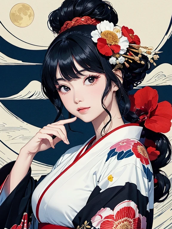 (Highest quality、masterpiece、High resolution、8K)、Ukiyo-e、Vibrant colors、Katsushika Hokusai、1 female、Black hair Japanese topknot、whole body、The kimono has a vivid floral pattern on a white background.、Official Art、背景はUkiyo-e風、White waves and Mt. Fuji、Flowers and Moon、White waves and the moon