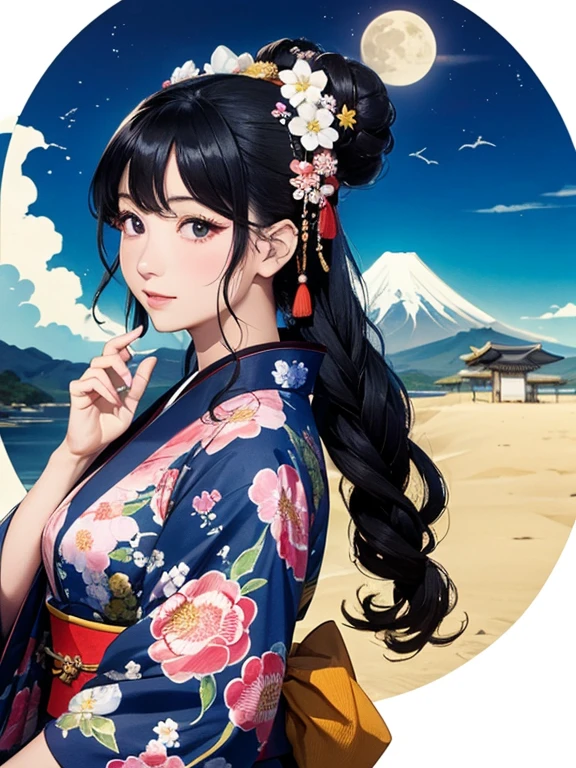 (Highest quality、masterpiece、High resolution、8K)、Ukiyo-e、Vibrant colors、Katsushika Hokusai、1 female、Black hair Japanese topknot、whole body、The kimono has a vivid floral pattern on a white background.、Official Art、背景はUkiyo-e風、White waves and Mt. Fuji、Flowers and Moon、White waves and the moon