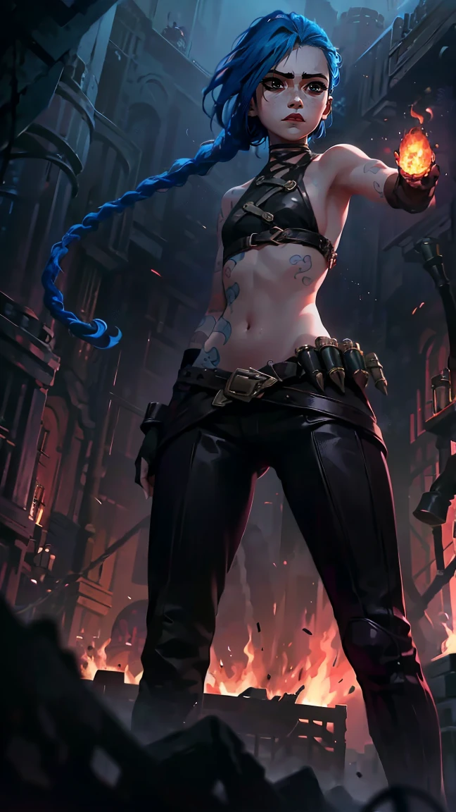 (masterpiece, Best quality), 1 girl, portrait, very sexy, crazy look, smile, crying, pink tears, tears on the cheeks, tears from eyes, full length (full body 1.1.), очень feminine, fighting stance, battle, fire, explosions, burning city, Beautiful waist, gloomy composition, flame, fire, Flash, very beautiful, feminine, long hair, hair braided in long braids, very sexy, tight leather pants, emphasis on the eyes, emphasis on the face, Beautiful face, Hands, Hair, Haired ponytail, red purple eyes, Джинкс crying, Blue cloud tattoo, (masterpiece, Best quality), Side lighting, beautiful detailed eyes, crazy face), (Best quality), (masterpiece), magic photography, Spectacular lighting, Photorealism, ultra detailed, интимная portraitная композиция, 1. 4,8 k UHD, aesthetic, Cd., A high resolution, 8 k, better lighting, Best shade, Ultra-HD, A high resolution, sharp focus, Complex background, Cinematic lighting, ((Landscape view)), 4K block, (better lighting), ((Cinematic lighting)),
