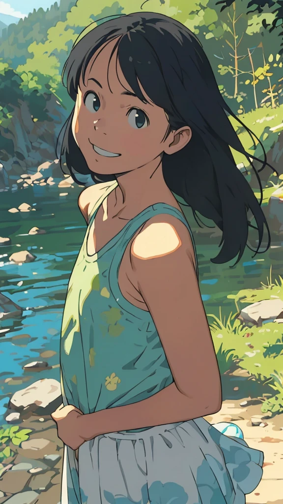 reasonable design, Clear lines, High Sharpness, (highest quality,8K,Perfect sharpness,Ultra fine,High resolution,masterpiece:1.2), Perfect Anatomy:1.5, Official Art, Illustrations that tell a story, (Whitish background:0. 9)、Body Positivity、More Mr.Physical expression、(Random and mischievous poses)、Perfect beauty、Perfect beautiful face、Strong winds、A rich expression、Dynamic composition、smile、Golden ratio composition、colorful、(Mr.Different angles and perspectives)、anime art、mini skirt、(Overcoming stereotypes)、 Glowing Skin、(Natural beauty)、smile、bangs、Straight Hair、(Soft and flowing hair)、(Rural Scenery)、(Nostalgic atmosphere)、Insert up to the thighs、(Playful and carefree)、(More Mr.Ethnic characters)、(innocent attitude)、(Sunny atmosphere)、Skirt flipped up、(Bright colors)、Belly button exposed、Beautiful Eyes、A skirt fluttering in the wind、Put it in to your feet、Some composition patterns、Tank top、ル、sensuous、Geometric pattern、
