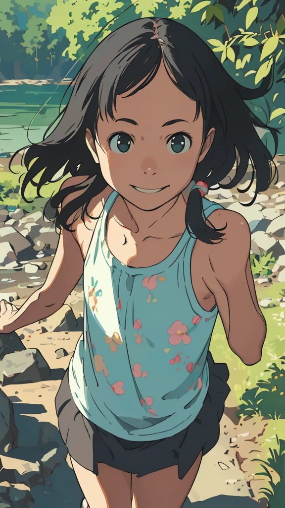 reasonable design, Clear lines, High Sharpness, (highest quality,8K,Perfect sharpness,Ultra fine,High resolution,masterpiece:1.2), Perfect Anatomy:1.5, Official Art, Illustrations that tell a story, (Whitish background:0. 9)、Body Positivity、More Mr.Physical expression、(Random and mischievous poses)、Perfect beauty、Perfect beautiful face、Strong winds、A rich expression、Dynamic composition、smile、Golden ratio composition、colorful、(Mr.Different angles and perspectives)、anime art、mini skirt、(Overcoming stereotypes)、 Glowing Skin、(Natural beauty)、smile、bangs、Straight Hair、(Soft and flowing hair)、(Rural Scenery)、(Nostalgic atmosphere)、Insert up to the thighs、(Playful and carefree)、(More Mr.Ethnic characters)、(innocent attitude)、(Sunny atmosphere)、Skirt flipped up、(Bright colors)、Belly button exposed、Beautiful Eyes、A skirt fluttering in the wind、Put it in to your feet、Some composition patterns、Tank top、ル、sensuous、Geometric pattern、