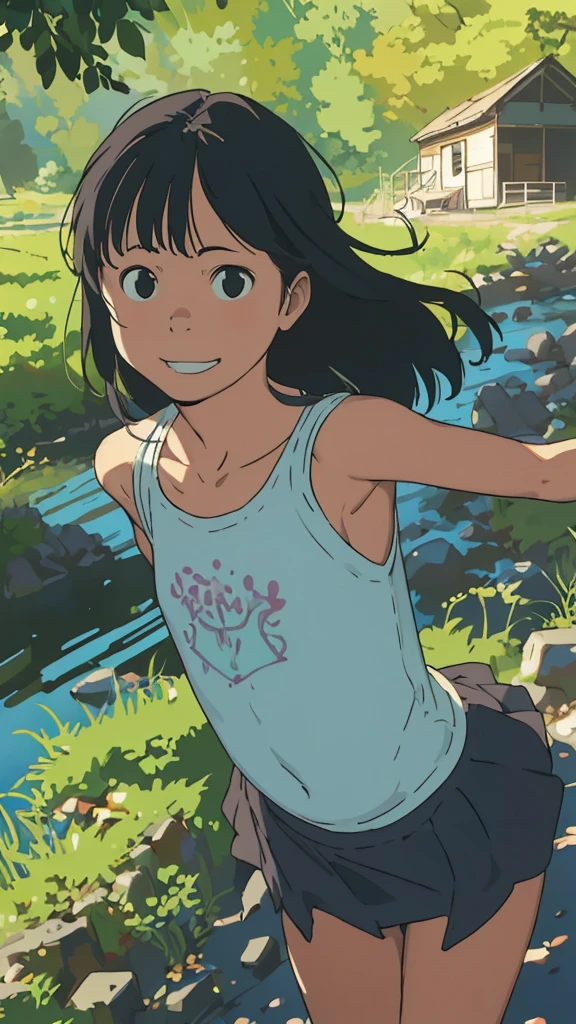 reasonable design, Clear lines, High Sharpness, (highest quality,8K,Perfect sharpness,Ultra fine,High resolution,masterpiece:1.2), Perfect ???????:1.5, Official Art, Illustrations that tell a story, (Whitish background:0. 9）、Body Positivity、More Mr.Physical expression、（Random and mischievous poses）、Perfect beauty、Perfect beautiful face、Strong winds、A rich expression、Dynamic composition、smile、Golden ratio composition、colorful、（Mr.Different angles and perspectives）、anime art、mini skirt、（Overcoming stereotypes）、 Glowing Skin、（Natural beauty）、smile、bangs、Straight Hair、（Soft and flowing hair）、（Rural Scenery）、（Nostalgic atmosphere）、Insert up to the thighs、（Playful and carefree）、（More Mr.Ethnic characters）、（innocent attitude）、（Sunny atmosphere）、Skirt flipped up、（Bright colors）、Belly button exposed、Beautiful Eyes、A skirt fluttering in the wind、Put it in to your feet、Some composition patterns、Tank top、ル、sensuous、Geometric pattern、