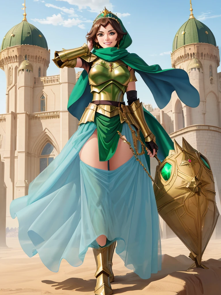 masterpiece, best quality:1.2), 1girl, smile, looking at viewer, green eyes, short brown hair, princess, armor, blue hijab headscarf, pauldrons, armored dress, green cloak cape, wearing puffy blue ballgown skirt, golden tiara with green gem, armored boots, fingerless gloves, standing in front of desert castle