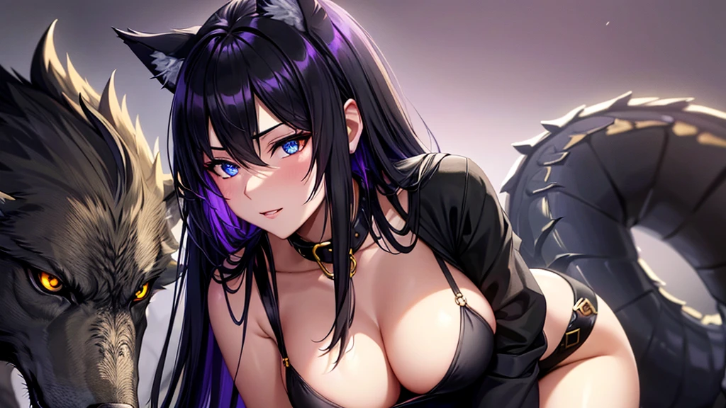 An adult woman, half wolf and dragon, black hair, black wolf ears, black dragon tail, blue eyes, has a collar with a little golden heart, very shy, wide breasts, black and purple dress