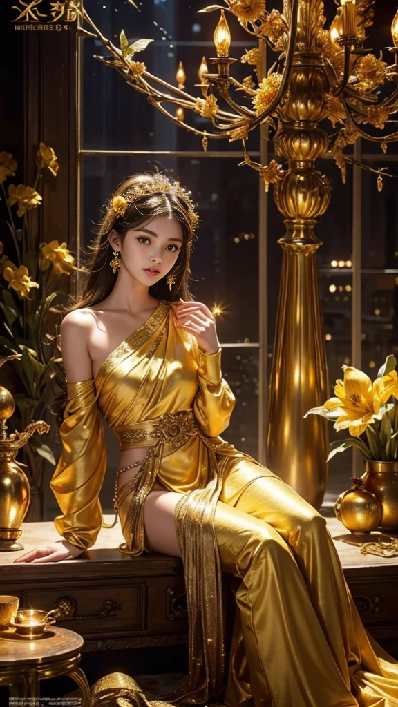 Full figure, 1 girl, -clinging shooting, 18 years old, golden firefly clothes, strap clothes, glowing clothes, ornaments, exquisite faces, details, hands, ultimate details, amazing magnificence, Pedaipan style, fiber hair, glowing golden iris, ((glowing flower)), sitting,