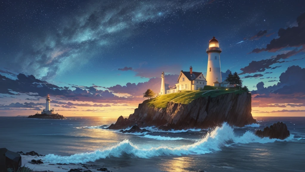 anime scene of a Lighthouse on a rocky island with a starr sky, Background artwork, Awesome Wallpapers, Lighthouse, Lighthouse, 4k HD illustration wallpaper, Highly detailed digital art in 4K, high quality desktop wallpaper, Beautiful Art UHD 4K, Just a joke, Anime Background Art, Inspired by Cyril Rolland, 4K Detailed Digital Art
