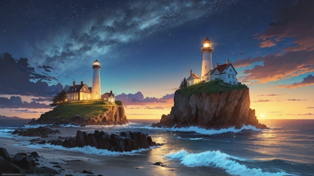 anime scene of a Lighthouse on a rocky island with a starr sky, Background artwork, Awesome Wallpapers, Lighthouse, Lighthouse, 4k HD illustration wallpaper, Highly detailed digital art in 4K, high quality desktop wallpaper, Beautiful Art UHD 4K, Just a joke, Anime Background Art, Inspired by Cyril Rolland, 4K Detailed Digital Art