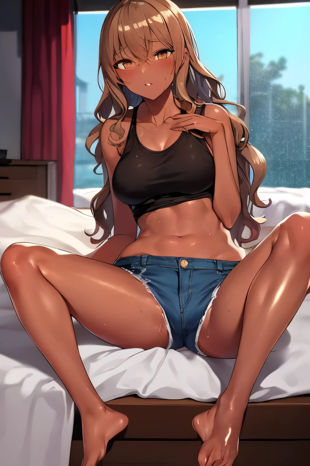 2d, Superb, (Masterpiece), (Full length), (Shiny amber hair:1.6), (Wavy medium hair:1.6), (Brown beautiful girl), (Healthy dark skin), (Sunburn mark), clavicle, (Denim hot pants:1.3), (Tank top), JK,Slender figure ,Glamorous Bare Feet, Leg hair, Brown Eyes, Attractive thighs, Medium chest, bedroom, On the bed, Light from the window, Sexy expression, Sweaty, Wet Hair, Drops from hair,Put your hands on your chest, Breathless, Bold pose