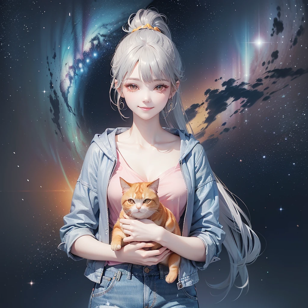 (((Holding a cute orange fat cat with super short legs in both hands,Correct anatomy))),((Highest quality,masterpiece,一位Mature美女,Super thin air parted bangs,Light blue denim gray hooded jacket,Blue gray high ponytail super long straight hair,Double sideburn curly hair,Hair ends curled in,Gray powder clothes,Exposed clavicle,Show earlobes)),((Mature,Smile slightly,Look at the camera head-on)),starry sky galaxy background,Denim texture