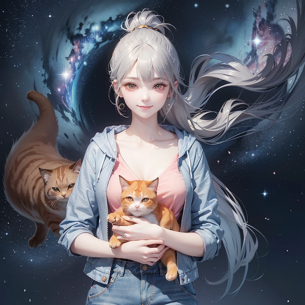 (((Holding a cute orange fat cat with super short legs in both hands,Correct anatomy))),((Highest quality,masterpiece,一位Mature美女,Super thin air parted bangs,Light blue denim gray hooded jacket,Blue gray high ponytail super long straight hair,Double sideburn curly hair,Hair ends curled in,Gray powder clothes,Exposed clavicle,Show earlobes)),((Mature,Smile slightly,Look at the camera head-on)),starry sky galaxy background,Denim texture