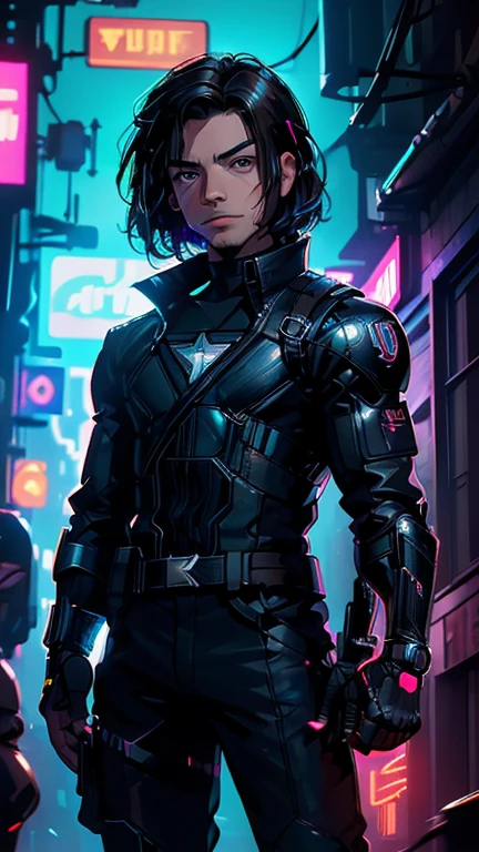 best quality,masterpiece,1boy,solo,(((13years old))),japanese boy,an extremely cute and handsome boy,highly detailed beautiful face and eyes,petit,cute face,lovely face,baby face,shy smile,show teeth, Brown hair,short hair,flat chest,skinny,slender,(((wearing the Bucky Barnes costume)),(((standing in Dark Midnight Neon Glow light Cyberpunk metropolis city))),he is looking at the viewer,