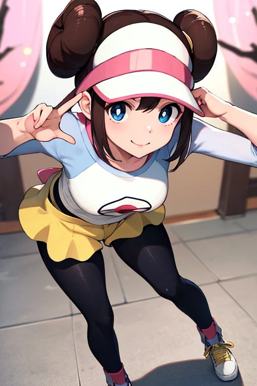 masutepiece, Sharp Focus, Realistic, ultra-detailliert, Beautiful Girl, (side lights:1.2), Smile, RO1, Hair bun, Blue eyes, Twin-tailed, Visor Cap, pantyhose, raglan sleeves, Yellow shorts, Shirt, pink bows, wrist watch, Full body、Leaning forward