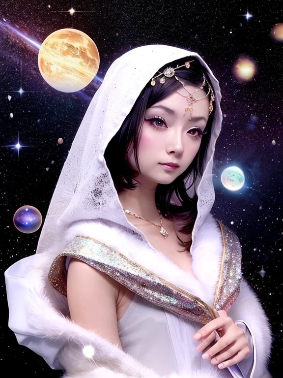 1 Girl, solo, (astrologer), (Circlet),White costume mysterious, Fantasy, grace, Calm, Silence, intellectual, ancient, Beyond time and space, dream, aura,
Dark eyeshadow, Star shaped glitter, Sparkling Highlights, Rich Lip Color, Smokey Eye, Mysterious Eyeliner,
universe space, shooting star, planet,
astrologerが魔法の杖を使って星を指し示している,
Sparkling meteor shower, Magic Light, Reflecting Galaxy