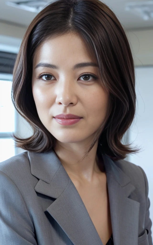 ((Best Quality, 8k, Masterpiece, close up: 1.3)), (looking at viewer),Photorealistic, Sharp Focus, glare, beautiful Japan Office Lady, gray blazer, white shirt, Clothes with big Cleavage View, 35 Years Old, long Wavy Hair, ((double eyelid, eyelash, lip gloss)), (Wrinkles at the Corners of the Eyes:0.6), (pubichair:1.5), (open mouth:0.7), (smile:0.5), ((open mouth:1)), Darkness Nobody Office Room,