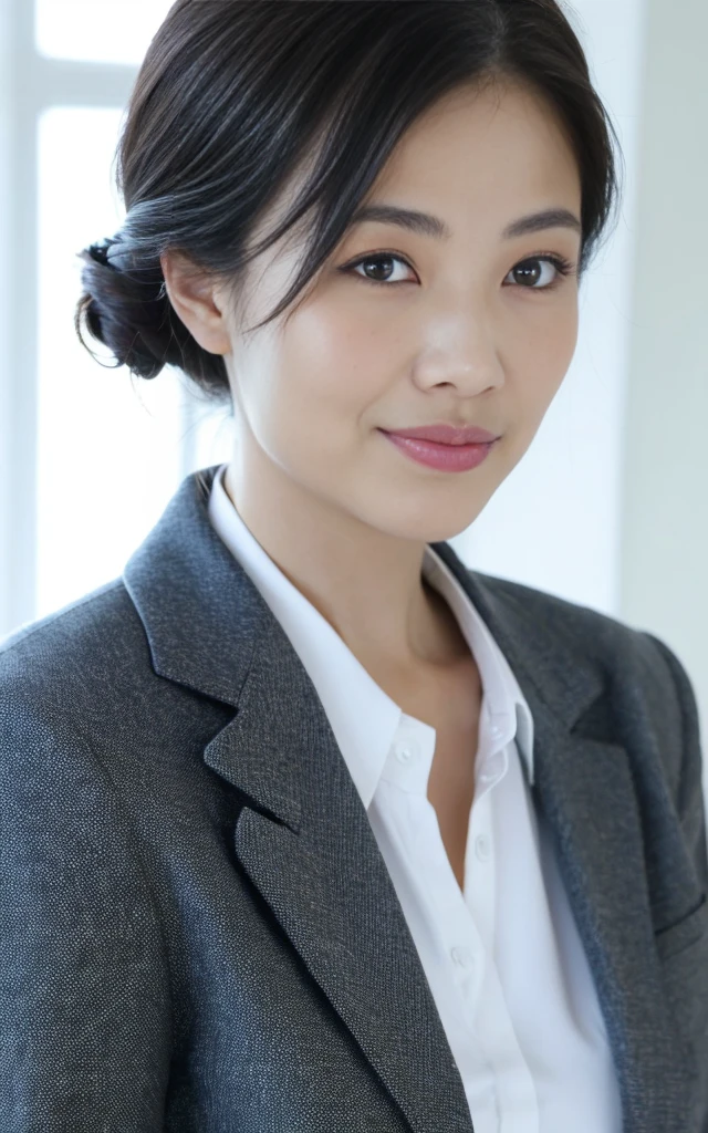 ((Best Quality, 8k, Masterpiece, close up: 1.3)), (looking at viewer),Photorealistic, Sharp Focus, glare, beautiful Japan Office Lady, gray blazer, white shirt, Clothes with big Cleavage View, 35 Years Old, long Wavy Hair, ((double eyelid, eyelash, lip gloss)), (Wrinkles at the Corners of the Eyes:0.6), (pubichair:1.5), (open mouth:0.7), (smile:0.5), ((open mouth:1)), Darkness Nobody Office Room,