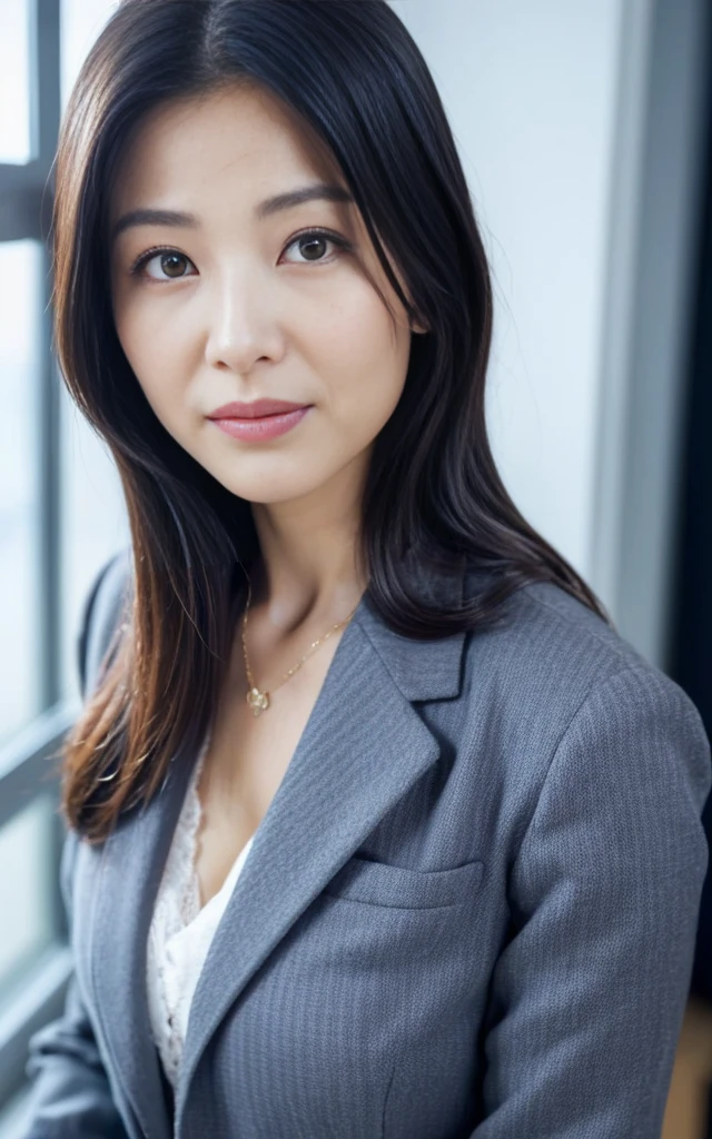 ((Best Quality, 8k, Masterpiece, close up: 1.3)), (looking at viewer),Photorealistic, Sharp Focus, glare, beautiful Japan Office Lady, gray blazer, white shirt, Clothes with big Cleavage View, 35 Years Old, long Wavy Hair, ((double eyelid, eyelash, lip gloss)), (Wrinkles at the Corners of the Eyes:0.6), (pubichair:1.5), (open mouth:0.7), (smile:0.5), ((open mouth:1)), Darkness Nobody Office Room,