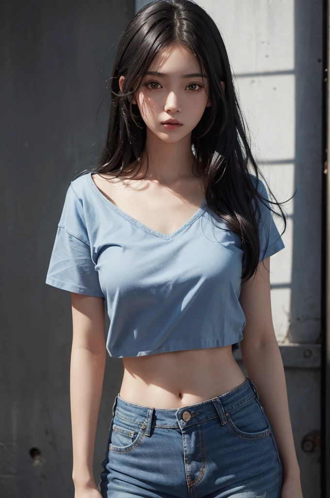 20 year old girl, blue short jean, blue top, long hair, high contrast (Natural skin texture, Hyperrealism, Soft Light, sharp), portrait, standing