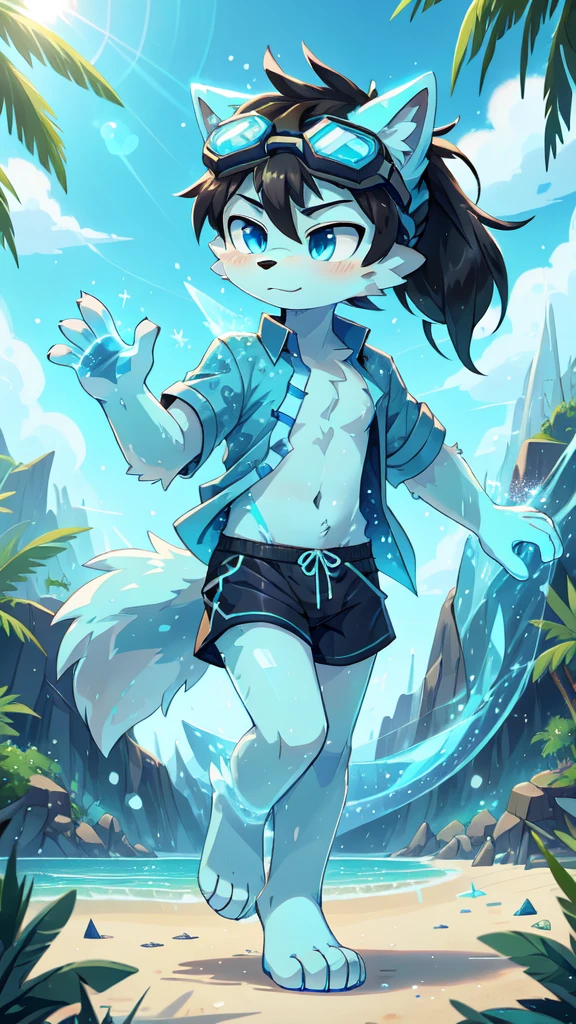 score_9,score_8_up,score_7_up, source_cartoon, source_furry, furry shota, wolf, black hair, long spiky ponytail, blue eyes, detailed body fur, ((goggles, blue hawaiian shirt, open clothes, black swim trunks)), detailed body fur, detailed face, detailed eyes, glistering body, shiny body, gorgeous body, beach, clear sky, full body, feets with three toes, 3 toes, :3, fight, ice magic, ice particles, ice creation magic, ice magic on palm hand, sassy face,