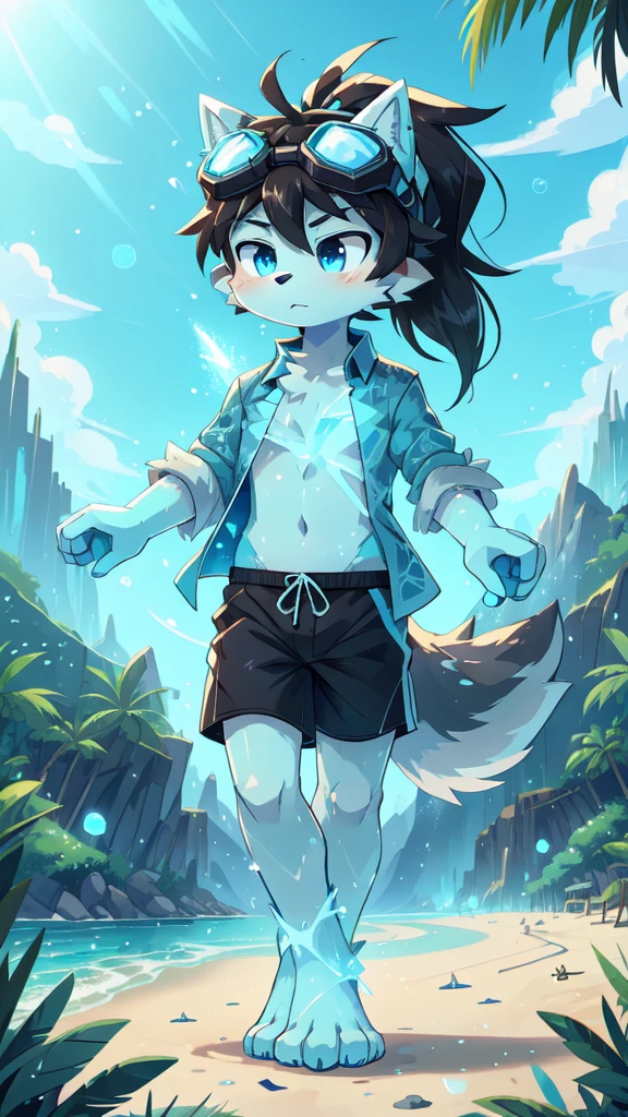 score_9,score_8_up,score_7_up, source_cartoon, source_furry, furry shota, wolf, black hair, long spiky ponytail, blue eyes, detailed body fur, ((goggles, blue hawaiian shirt, open clothes, black swim trunks)), detailed body fur, detailed face, detailed eyes, glistering body, shiny body, gorgeous body, beach, clear sky, full body, feets with three toes, 3 toes, :3, fight, ice magic, ice particles, ice creation magic, ice magic on palm hand, sassy face,