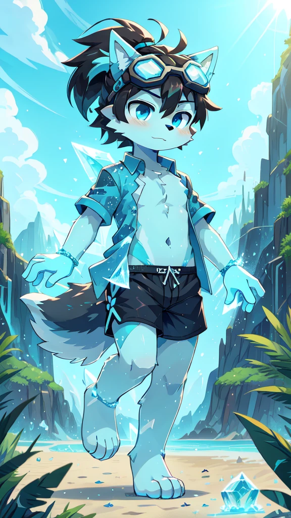 score_9,score_8_up,score_7_up, source_cartoon, source_furry, furry shota, wolf, black hair, long spiky ponytail, blue eyes, detailed body fur, ((goggles, blue hawaiian shirt, open clothes, black swim trunks)), detailed body fur, detailed face, detailed eyes, glistering body, shiny body, gorgeous body, beach, clear sky, full body, feets with three toes, 3 toes, :3, fight, ice magic, ice particles, ice creation magic, ice magic on palm hand, sassy face,